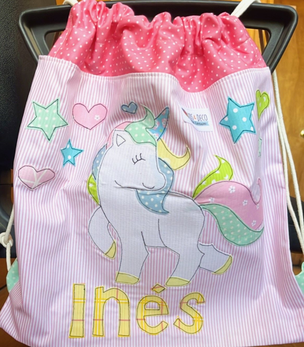 Morral con un unicornio y el nombre Inés