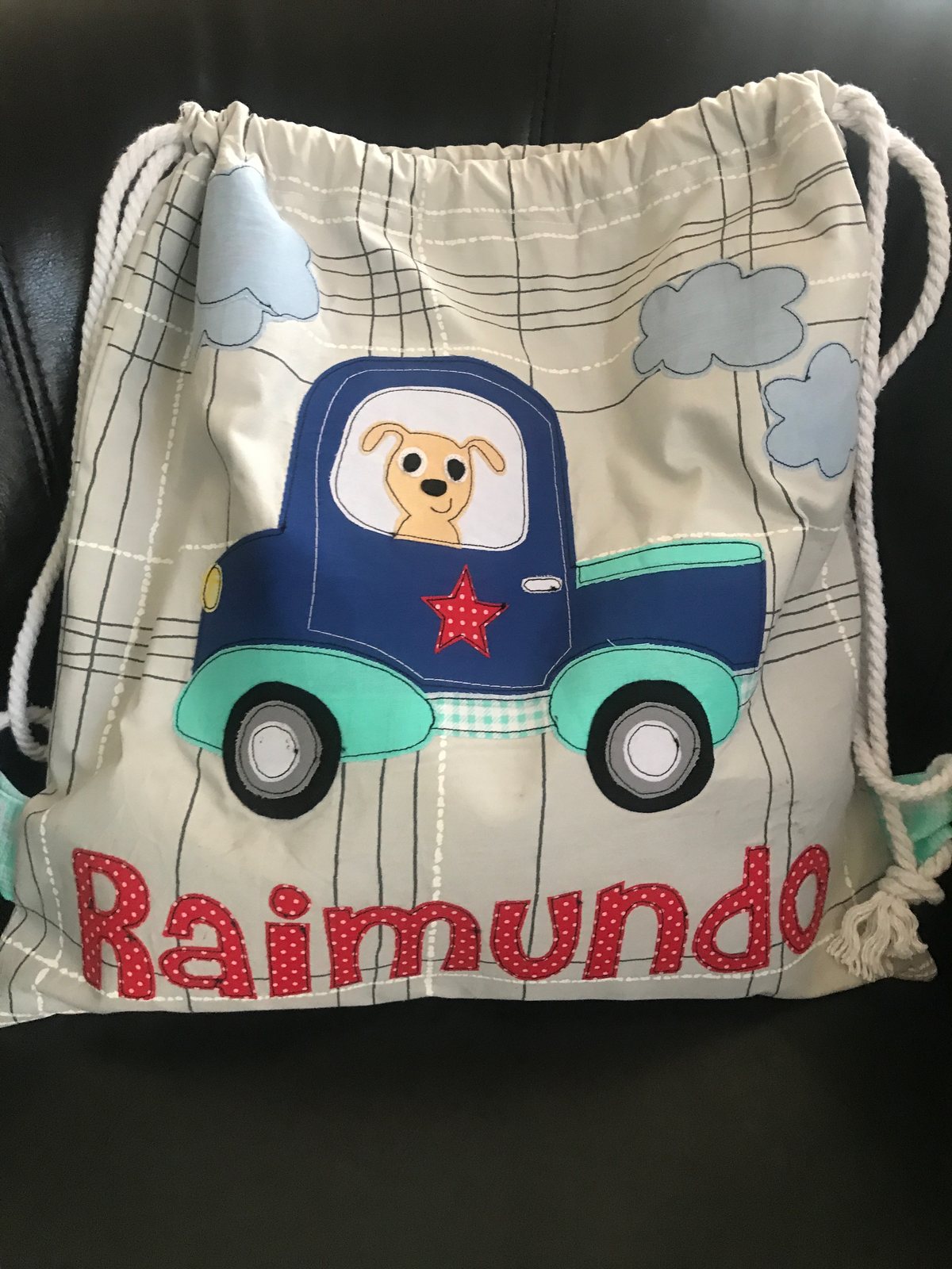 Morral con un oso manejando una camioneta y el nombre Raimundo